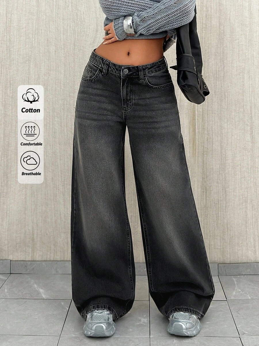 WOMEN LOOSE LOW WAIST WIDELEG GREY DENIM JEAN - Grey - View 1