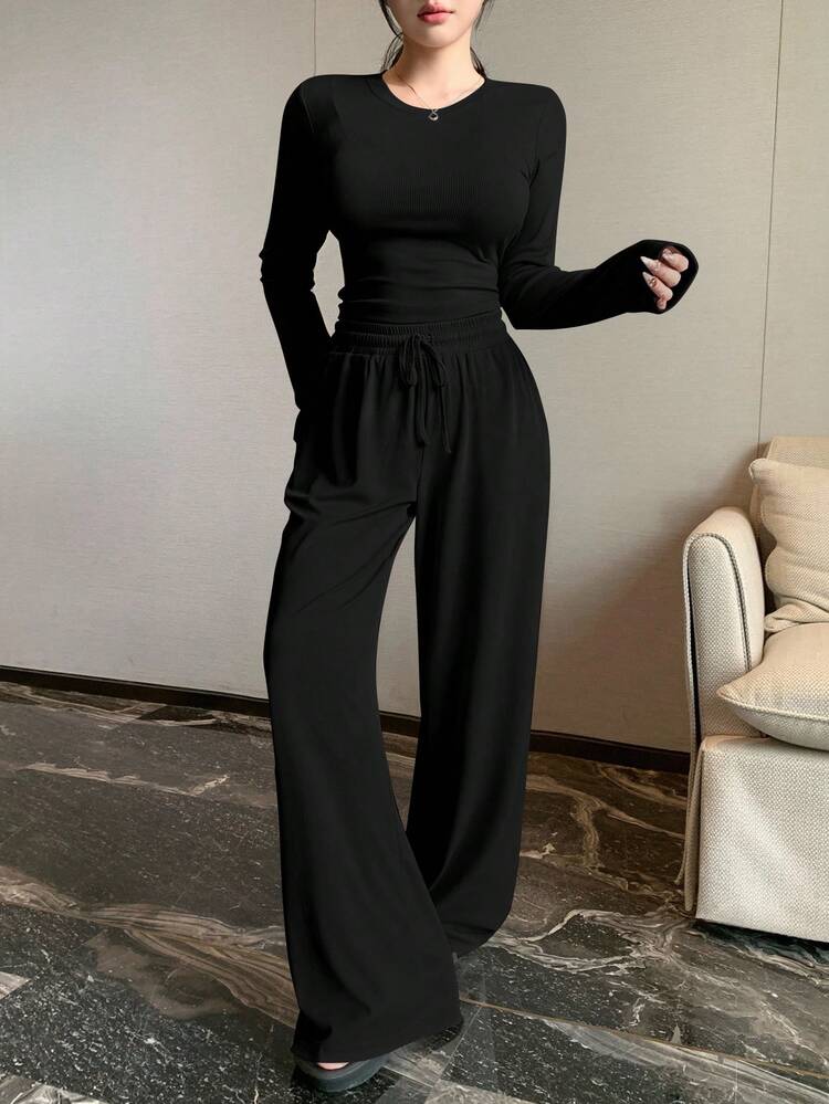 2pcs Women Casual Solid Color Fitted Sports Outfit, Cropped Top And Straight Leg Pants Set, Autumn Lounge Sets For Women