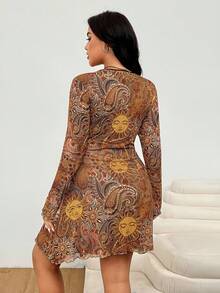 SHEIN EZwear 加大码向日葵印花休闲度假连衣裙，初秋女士太阳裙 - 彩色 - 查看 2