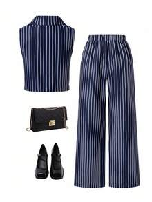 女童条纹印花无袖上衣和长裤两件套 - 藏蓝色 - 查看 3