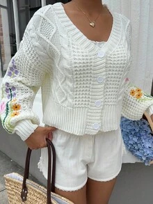 SHEIN Unity 休闲花卉刺绣纽扣前开衫，时尚百搭，秋季 - 白色 - 查看 7