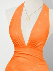 SHEIN Clasi Đầm cổ yếm đính sequin thanh lịch dành cho nữ, thích hợp cho kỳ nghỉ và tiệc tùng - trái cam - Xem 4