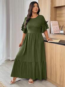 Weeklong 大码纯色圆领荷叶边下摆休闲百褶连衣裙 - 軍綠色 - 查看 3