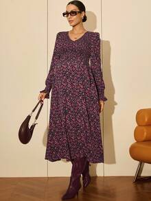MaterniWear Roupas de trabalho para gestantes, roupas de trabalho para gestantes, vestidos de trabalho para gestantes, roupas casuais para mulheres, roupas de outono para gestantes, roupas casuais para gestantes, vestido estampado com franzidos, vestido floral roxo, vestido longo para gestantes, vestido floral de manga comprida, vestido de maternidade com babados, vestido com babados