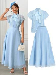 Ellevyn 女式 A 字形蓝色网眼镂空波尔卡圆点优雅日常穿着和赛车日裙子，春夏 - 藍色 - 查看 1