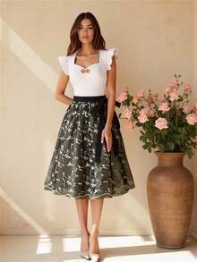 Fairmaia Traditional German Women Floral Embroidered Mesh Hem Cap Sleeve Dress German Traditional Women Floral Print Square Neck Sleeveless Dirndl Dress, For Oktober Dirndl, Oktober, Halloween Top Not Included 
Top Not Included