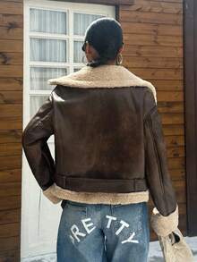 Muchica 女式仿皮草短款夹克，秋冬 - 棕色 - 查看 2
