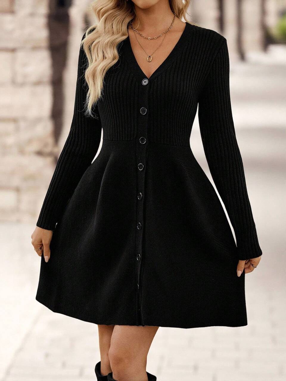 Women's Elegant Casual Black V-Neck Long Sleeve Single-Breasted Knitted Dress,Autumn Office Brunch Business Fit And Flare Sweater,Winter Clothes