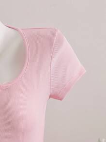 INAWLY Women Ruched Crew Neck Short Sleeve Button Decorated Fitted Elegant T-Shirt - Pink - View 4
