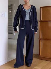 DAZY Conjunto de 2 piezas de punto con top de manga larga con ribete de contraste y pantalones de unicolor, para otoño - Azul Marino - Ver 2