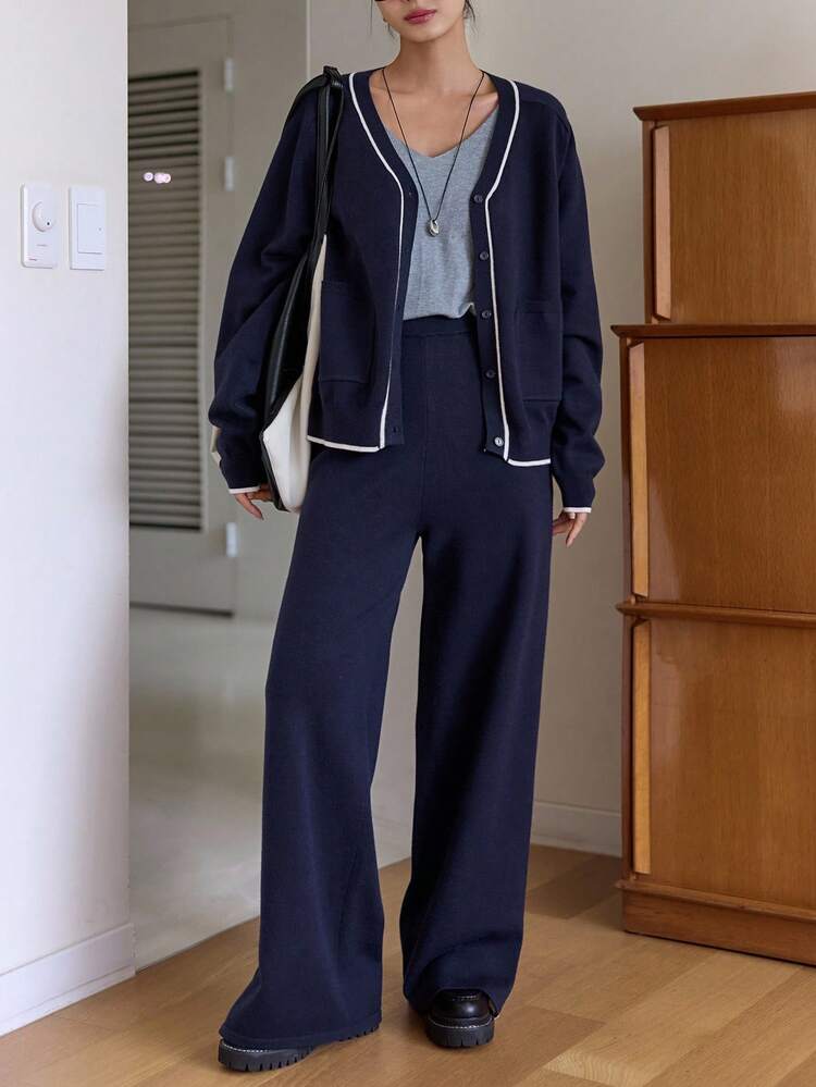 Women's Contrast Trim Long Sleeve Top And Solid Color Pants 2 Pieces Knit Set Fall