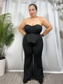 Hourglow Cardis.Ego 女士秋季服装，冬季加大码优雅纯色抹胸和裤子两件套，夏季，适合沙漏型身材 - 黑色 - 查看 3