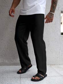 OTTIMOZO Men's Linen Textured Casual Straight Leg Pants, For Fall - Black - View 3