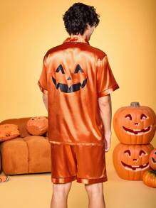 Notgurli Bộ đồ ngủ 2 món bằng vải satin in hình bí ngô Halloween thoải mái thân thiện với làn da vui nhộn dành cho cha mẹ và con cái trong bữa tiệc gia đình - trái cam - Xem 3