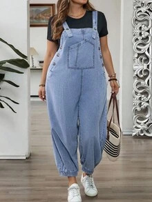 SHEIN CURVE+ Quần denim cạp rút dây thường ngày cỡ lớn - Màu xanh lam - Xem 1