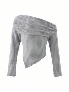 SHEIN 青少年女孩 2 件套：罗纹露肩长袖修身上衣，下摆不对称，配阔腿裤，休闲家居服或街头装 - 灰色 - 查看 4