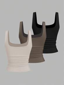 Sweetra 女式休闲褶皱圆领背心，夏季 - 彩色 - 查看 2