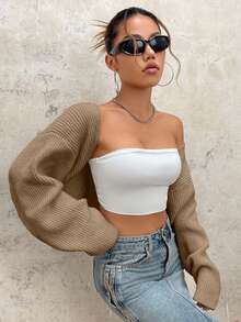 EURMUSE Y2K Grunge Drop Shoulder Open Front Crop Cardigan Without Tube Top - Camel - View 5