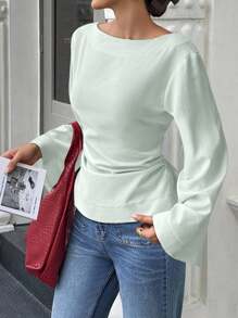 Selianne Kemeja Wanita Kasual Serbaguna Warna Polos Lengan Lonceng Pakaian Musim Gugur untuk Wanita - Mint Green - View 4