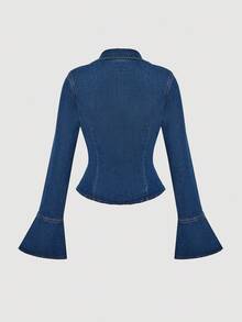 SHEIN MOD Blusa de mezclilla casual con pliegues y manga de campana de mujer para otoño - Azul - Ver 2