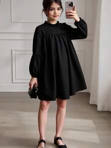 SHEIN Tween Girl Sweet Ruffle Lantern Sleeve Dress, Suitable For Autumn/Winter - Black - View 8