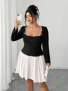 Elenzga Never Out Of Style: Gothic Prep With A Wednesday Twist. Embrace Your Inner Shadow Dark Feminine Fashion. Plus Size Women's Knitted Long Sleeve Plus Size Collar Bubble Bead Decor Vintage Elegant Pleated Midi Dress Fall Cloth For Women - Multicolor - View 3