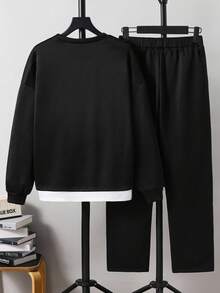 SHEIN 2 件青少年男童休闲字母标语印花二合一圆领卫衣和裤子套装，纯色简约基本百搭，适合通勤、上学、日常休闲、旅行、户外派对、运动、秋冬两件套运动服