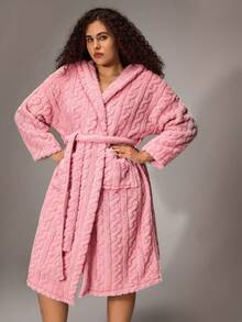 SHEIN 加厚抓绒面料保暖冬季提花抓绒蓬松睡衣加大码女式毛绒提花连帽浴袍，秋冬粉色浴袍加大码浴袍，秋季舒适套装 - 粉色 - 查看 6