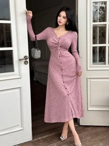 Feyla 女士休闲扭纹针织连衣裙 - 粉色 - 查看 4