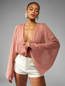 MISSGUIDED Áo liền thân bằng chiffon cổ chữ V sâu, tay chuông rộng, eo kiểu Empire, thanh lịch, thích hợp cho tiệc tối, dịp đặc biệt, đám cưới, tiệc cưới, dáng ôm sát, tạo điểm nhấn. - Bụi hồng - Xem 1