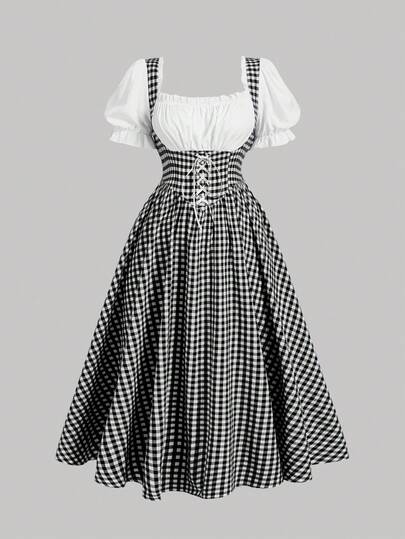 SHEIN MOD Sukienka w kratę w czarno-białą kratę w dużym rozmiarze dla kobiet, wiosenna