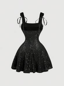 SHEIN MOD Sequin Contrast Mesh Black Party Dress - Black - View 2