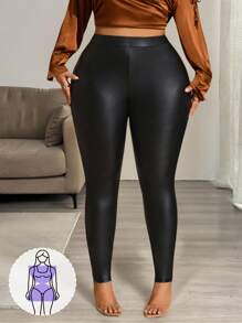 Hourglow Dollyholly86 女士秋季长裤，冬季加大码高腰纯色PU皮紧身裤，适合沙漏型身材，夏季款 - 黑色 - 查看 9