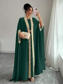 Rafferiza Women's Elegant 2 Pieces Set: Patchwork Ribbon Batwing Sleeve Outerwear And Sleeveless Dress - Dark Green - View 5