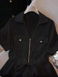 Franclia Áo thun nữ cổ chữ V màu trơn, có khóa kéo, eo rút, thoải mái mùa hè - màu đen - Xem 3