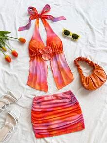 SHEIN x Eduarda Gutierrez Soleia 2件套女士扎染花卉装饰露背上衣和百褶裙套装 - 彩色 - 查看 4