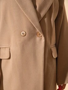 EURMUSE 女士休闲纯色翻领落肩宽松双排扣羊毛大衣 - 米色 - 查看 5