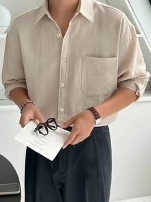 SHEIN X Scheana DAZY Men Solid Pocket Patched Drop Shoulder Shirt Long Sleeve Men Shirt, For Fall