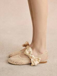 Rosivie Women's Fashion Black Mesh Bow Flat Shoes - Apricot - View 1