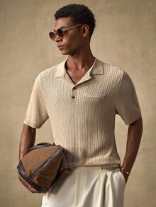 AKNOTIC Business Casual 男士弹力修身休闲短袖针织Polo衫，翻领针织衫，适合夏季、度假、日常穿着、派对、情侣装，男士礼物 - 卡其色 - 查看 2
