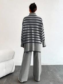 SHEIN Tall 女款條紋高領蝙蝠袖毛衣與純色長褲兩件套，適合高個女性 - 彩色 - 查看 2