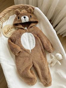 男宝宝可爱撞色卡通连帽连体衣，秋冬季男宝宝卡通熊图案3D耳朵连帽加厚毛绒连体衣，可爱撞色卡通设计，秋冬风格，适合秋冬季居家或外出穿着，完美适用于室内、户外、日常穿着、运动、玩耍、聚会、拍照、度假和节假日。 - 彩色 - 查看 5