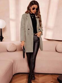 SHEIN Clasi Women's Solid Color Double-Breasted Long Sleeve Woolen Windbreaker, Fashionable For Autumn/Winter - Mocha Brown - View 6