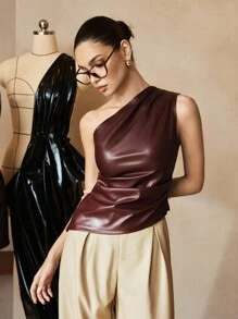 SHEIN X Belinda Siren Gaze 勃艮第酒红色单肩褶皱 PU 女式上衣，褶皱腰修身女式上衣