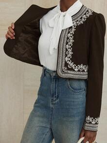 GENKIRA Women's Short Jacket With Embroidered Blue And White Porcelain Pattern, Crew Neck - Coffee Brown - View 8
