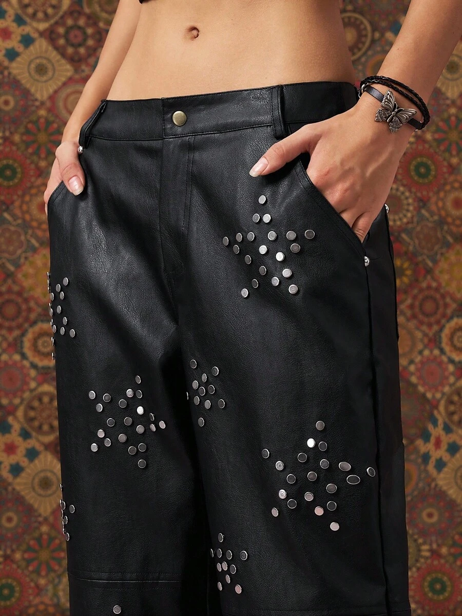 Easelle PU Pants With Silver Hot Five-Pointed Star Shape Autumn And Winter Trousers Women's Cool Autumn Clothes PU Trousers With Rivet Details Five-Pointed Star Rivet Fall Clothes Women - Black - View 1