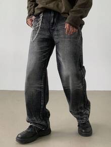 DAZY Quần jean nam màu đen trơn có thiết kế xích trang trí, phong cách đường phố, mùa thu - màu đen - Xem 7