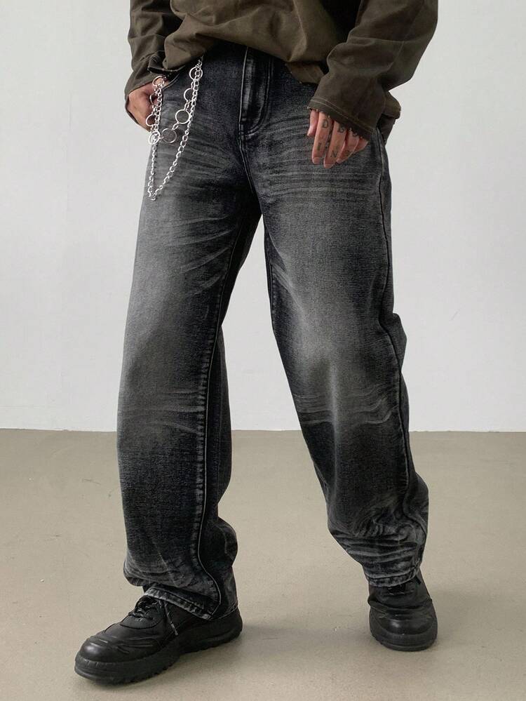 Men's Solid Color Washed Black Jeans With Decorative Chain Design, Street Style, Autumn