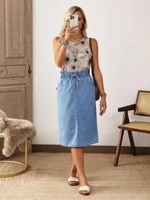SHEIN LUNE 女式荷叶边腰带口袋直筒休闲牛仔裙 - 藍色 - 查看 4