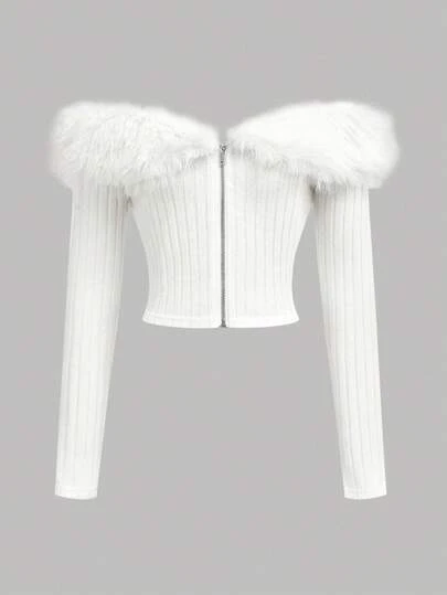 SHEIN Girlism 少女白色露肩毛绒短款夹克，适合秋冬季，优雅甜美，春节